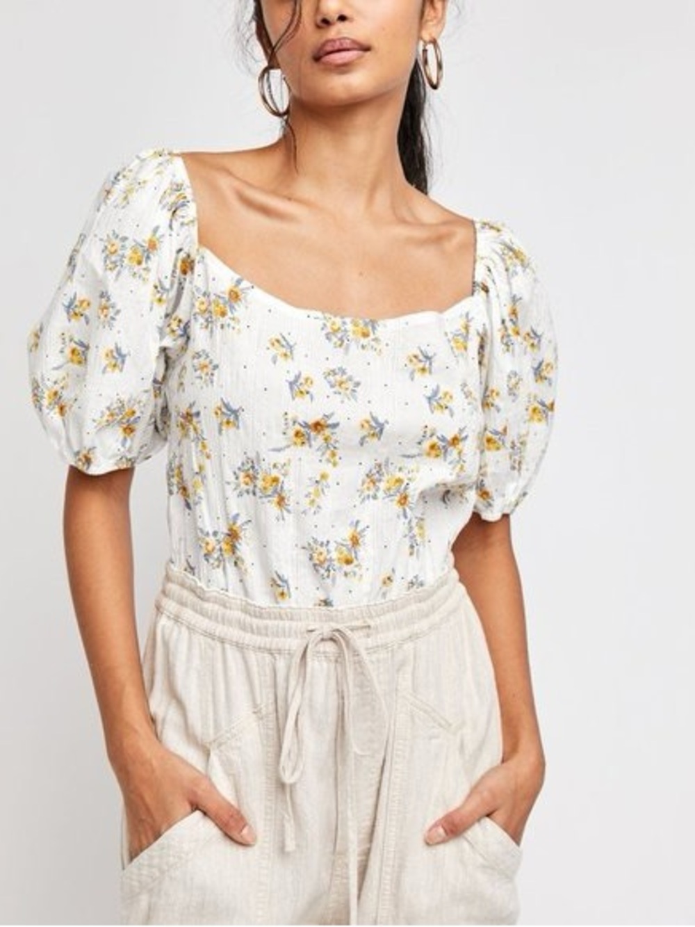 Intimately Free People Angela Floral Puff Sleeve Lace Bodysuit White Combo
